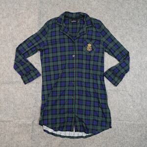 Ralph Lauren Pajamas Womens Medium Plaid Monogram Fleece‎ Button Cozy Nightshirt
